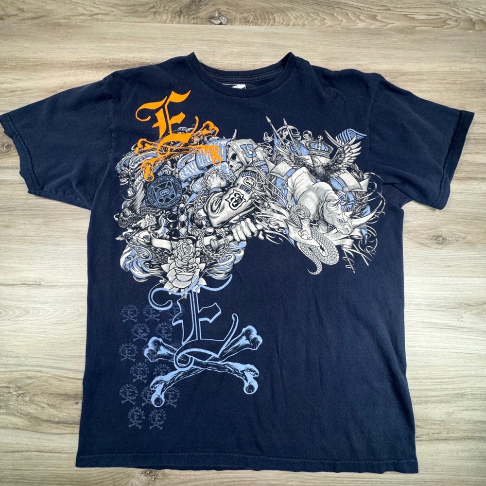VTG Ecko Unltd Mens XXL Navy Blue Graphic T-Shirt Skull Rhino Streetwear Y2K Tee